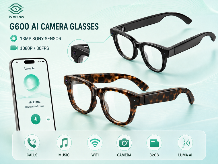 Nehon G600 AI smart glasses with 1080p camera, black frame